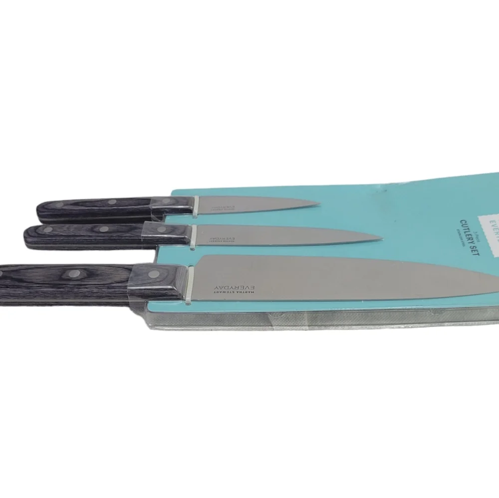 Martha Stewart 3 Pc - Chef, Utility & Paring Knives Steinless Steel & Wood New